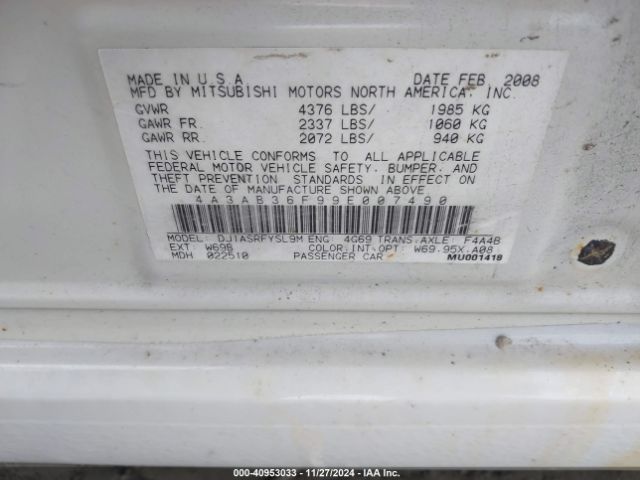 2009 MITSUBISHI GALANT 4A3AB36F99E007490 Photo 8