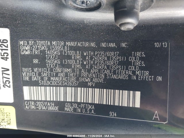 Toyota Sienna L V6 7 Passenger 2014 5TDZK3DC5ES426357 Image 9
