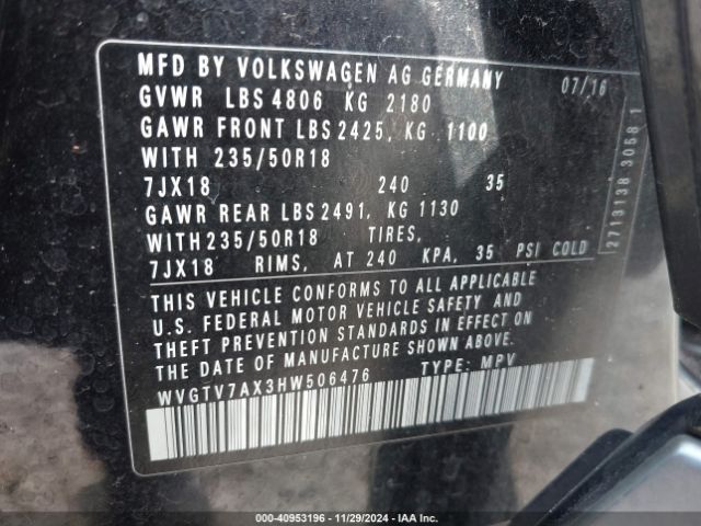 WVGTV7AX3HW506476 Volkswagen Tiguan 2.0t Sport