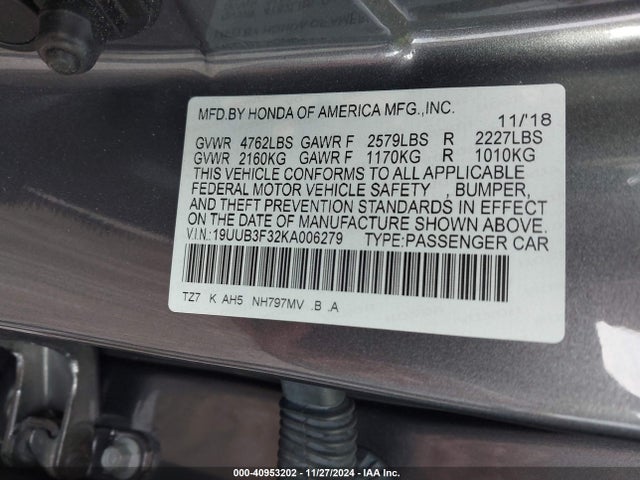 40953202 :رقم المزاد ، 19UUB3F32KA006279 vin ، 2019 Acura Tlx Standard مزاد بيع