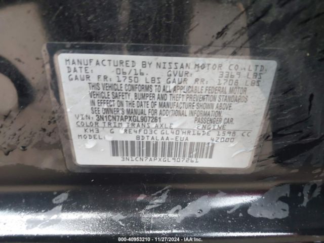 3N1CN7APXGL907261 Nissan Versa 1.6 S