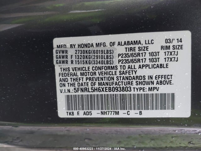 Honda Odyssey Ex-l 2014 5FNRL5H6XEB093803 Image 9
