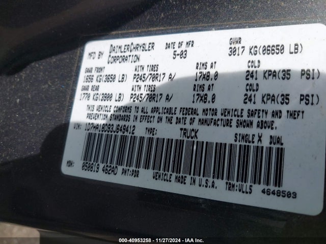 40953258 :رقم المزاد ، 1D7HA18D93J649412 vin ، 2003 Dodge Ram 1500 Slt/laramie/st مزاد بيع