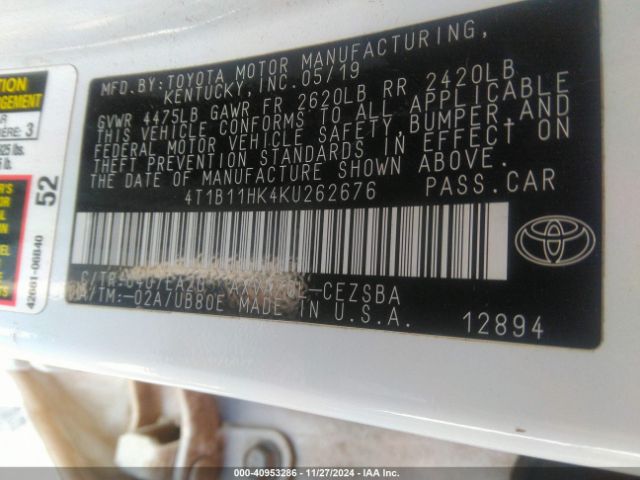 4T1B11HK4KU262676 Toyota CAMRY SE