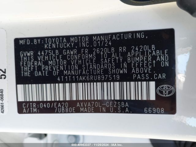4T1T11AK6RU897519 Toyota CAMRY SE