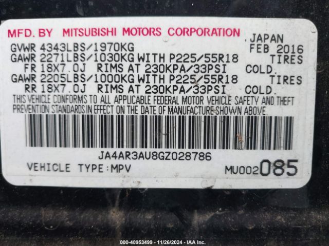 JA4AR3AU8GZ028786 Mitsubishi Outlander Sport 2.0 Es