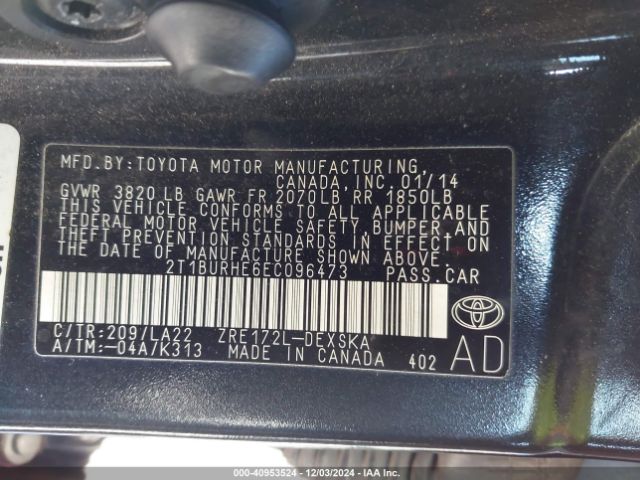 2T1BURHE6EC096473 Toyota Corolla L/le/le Pls/prm/s/s Pls