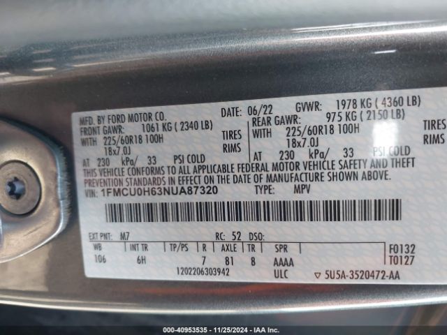 1FMCU0H63NUA87320 Ford ESCAPE SEL