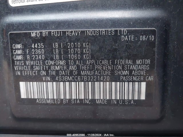 40953566 :رقم المزاد ، 4S3BMCC67B3221420 vin ، 2011 Subaru Legacy 2.5i Premium مزاد بيع