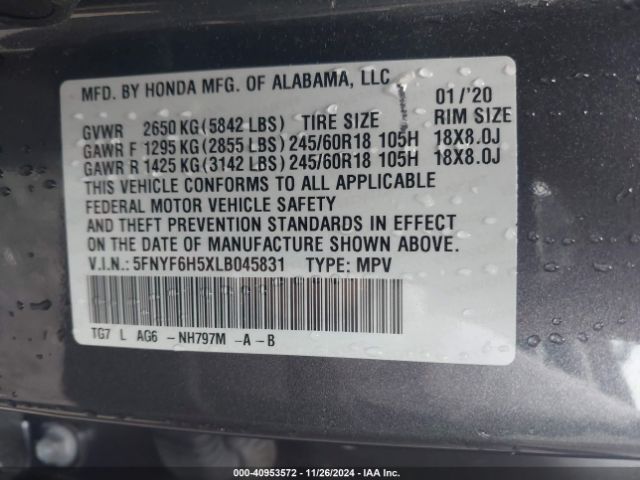 5FNYF6H5XLB045831 Honda Pilot Awd Ex-l