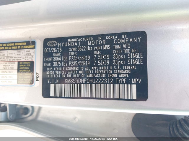 KM8SRDHF0HU222312 Hyundai Santa Fe Limited Ultimate