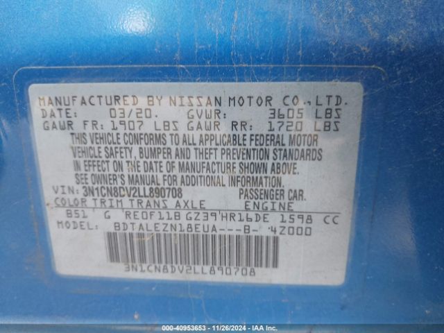 3N1CN8DV2LL890708 Nissan Versa S Xtronic Cvt
