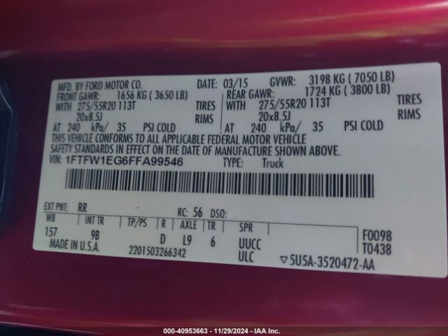 1FTFW1EG6FFA99546 Ford F-150 Platinum