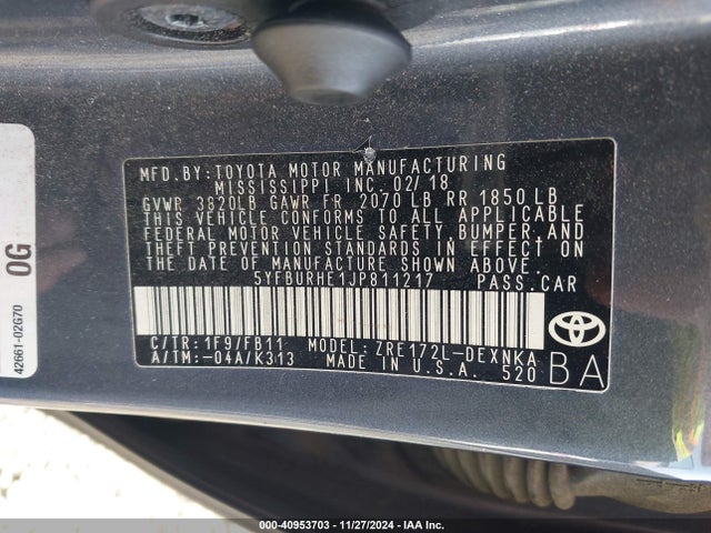 5YFBURHE1JP811217 Toyota COROLLA LE