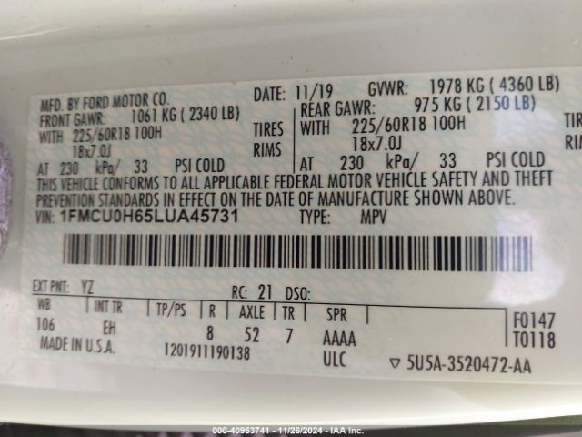1FMCU0H65LUA45731 Ford ESCAPE SEL