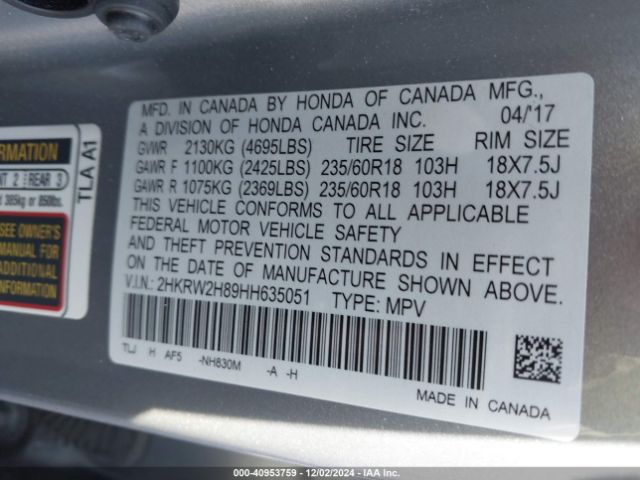2HKRW2H89HH635051 Honda Cr-v Ex-l/ex-l Navi