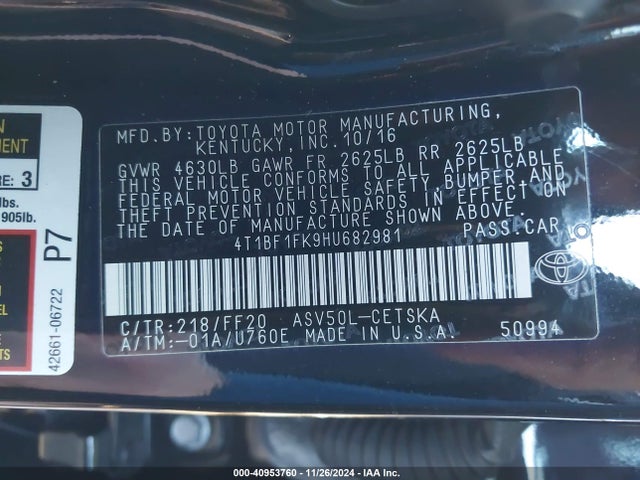 Toyota CAMRY SE 2017 4T1BF1FK9HU682981 Image 9