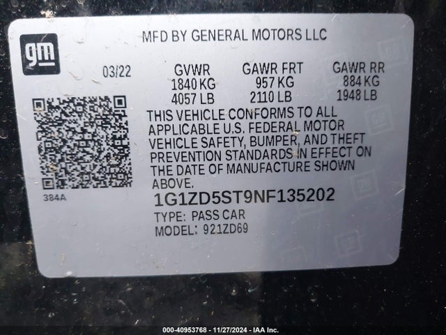1G1ZD5ST9NF135202 Chevrolet Malibu Fwd Lt