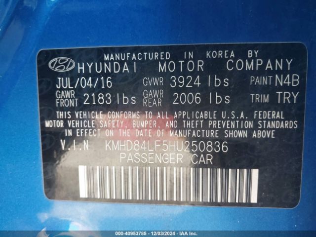 KMHD84LF5HU250836 Hyundai Elantra Value Edition