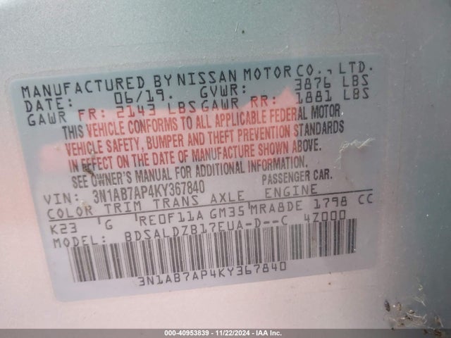 Nissan SENTRA SV 2019 3N1AB7AP4KY367840 Image 9