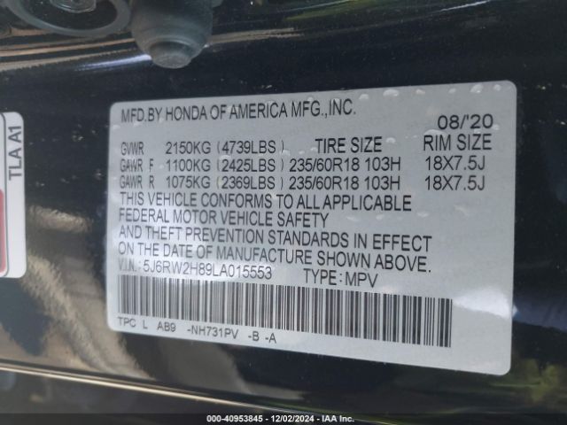 5J6RW2H89LA015553 Honda Cr-v Awd Ex-l