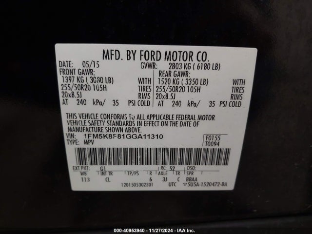 Ford Explorer Limited 2016 1FM5K8F81GGA11310 Image 9