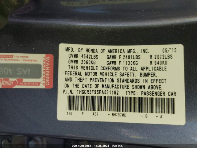Honda Accord Touring 2015 1HGCR3F95FA031162 Image 9