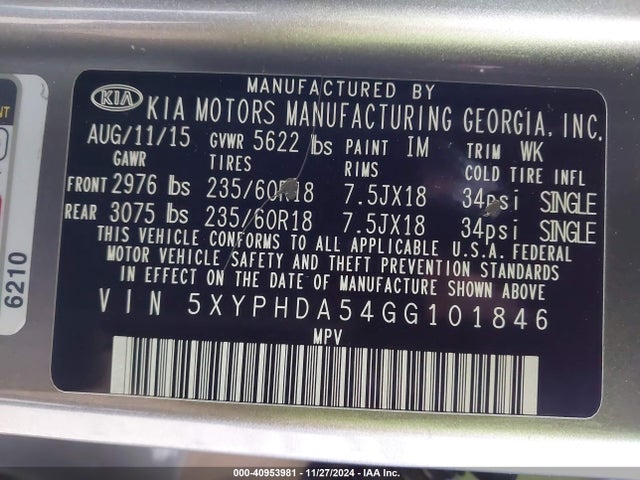5XYPHDA54GG101846 KIA Sorento 3.3l Ex