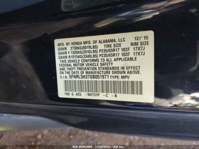 5FNRL5H37GB051971 Honda ODYSSEY SE