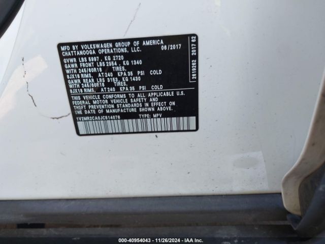 1V2MR2CA0JC514078 Volkswagen Atlas 3.6l V6 Sel