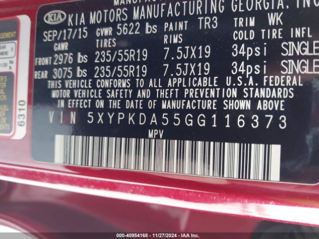 5XYPKDA55GG116373 KIA Sorento 3.3l Sx