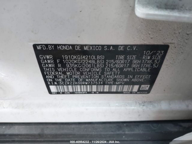 3CZRZ2H30RM737534 Honda Hr-v Awd Lx