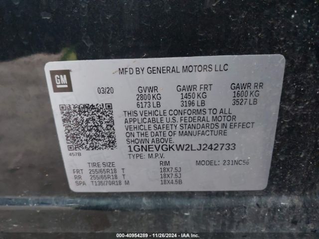 1GNEVGKW2LJ242733 Chevrolet Traverse Awd Lt Cloth