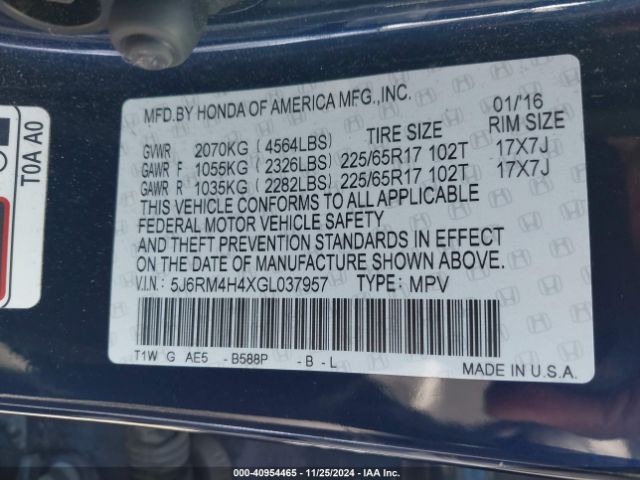 5J6RM4H4XGL037957 Honda CR-V SE