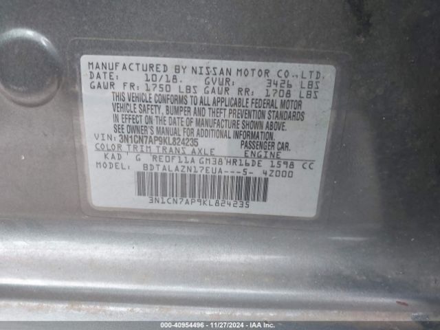 3N1CN7AP9KL824235 Nissan Versa 1.6 S+