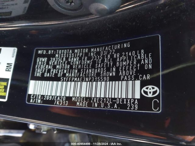 5YFFPMAE3NP315590 Toyota Corolla Xle
