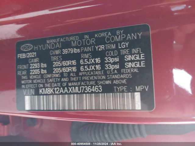 KM8K12AAXMU736463 Hyundai Kona Se