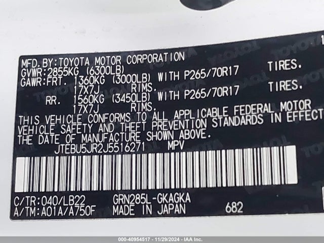 JTEBU5JR2J5516271 Toyota 4runner Sr5 Premium