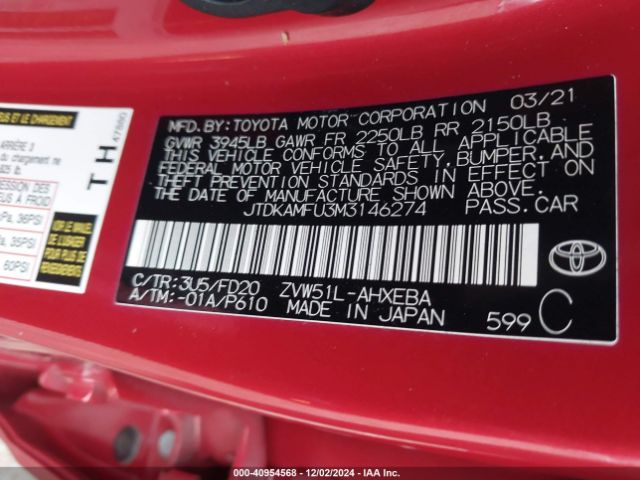 JTDKAMFU3M3146274 Toyota Prius Le