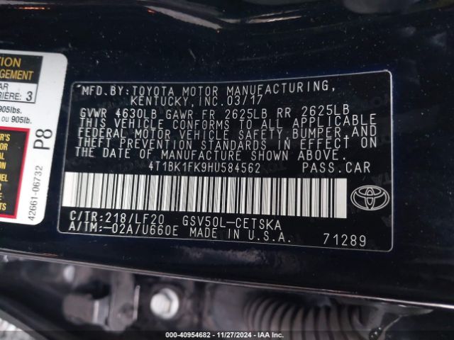 4T1BK1FK9HU584562 Toyota Camry Xse V6