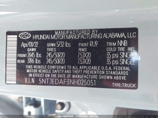 5NTJEDAF3NH025051 Hyundai Santa Cruz Limited