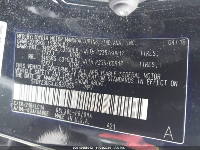 5TDYZ3DCXJS937855 Toyota Sienna Xle 8 Passenger