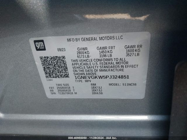 1GNEVGKW5PJ324851 Chevrolet Traverse Awd Lt Cloth