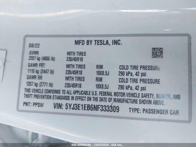 2022 TESLA MODEL 3 5YJ3E1EB6NF333309 Photo 8