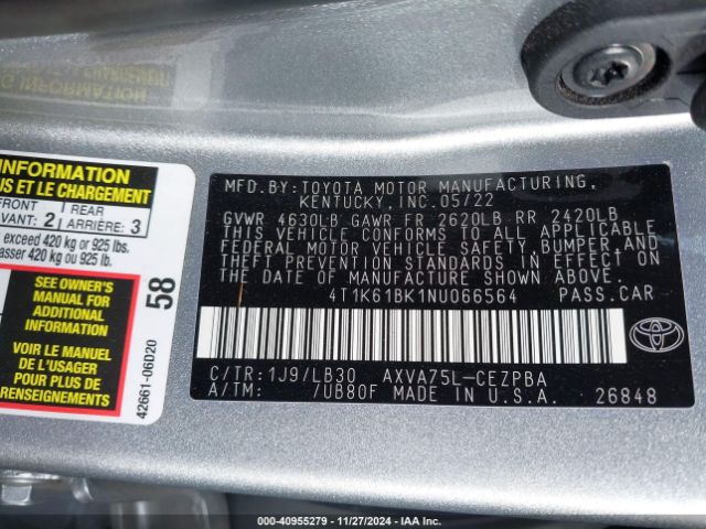 4T1K61BK1NU066564 Toyota Camry Xse Awd