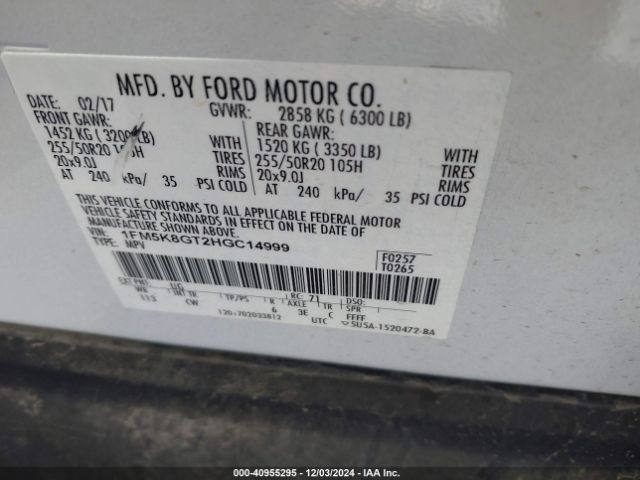 1FM5K8GT2HGC14999 Ford EXPLORER SPORT