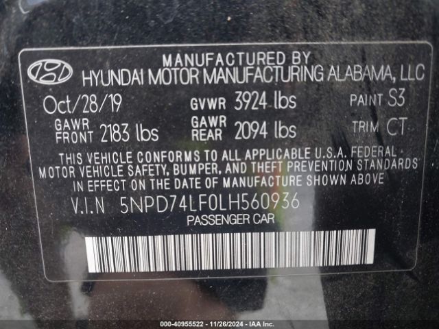 5NPD74LF0LH560936 Hyundai ELANTRA SE