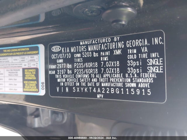 40955583 :رقم المزاد ، 5XYKT4A22BG115915 vin ، 2011 Kia Sorento Lx V6 مزاد بيع