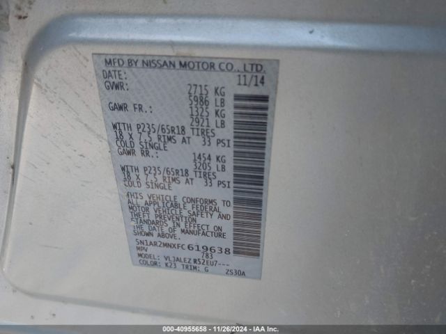 5N1AR2MNXFC619638 Nissan Pathfinder Platinum/s/sl/sv