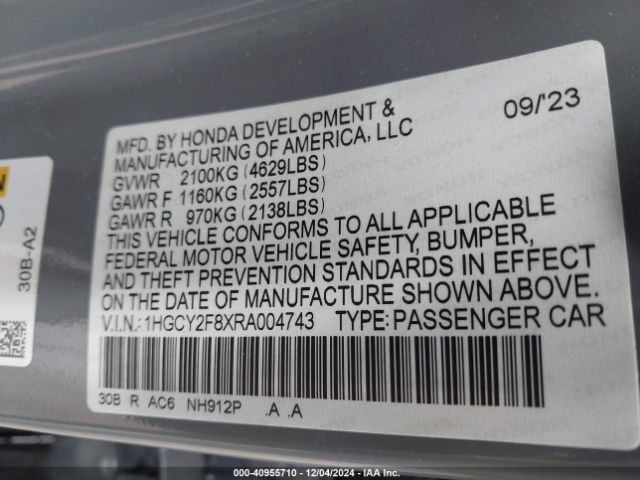 1HGCY2F8XRA004743 Honda Accord Hybrid Touring